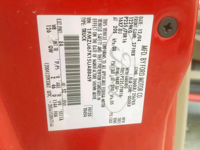 1FMZU67K15UA88459 - 2005 FORD EXPLORER S 红色 照片 10