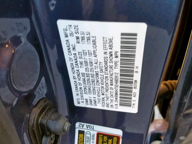 2HKRM4H75EH683912 - 2014 HONDA CR-V EXL BLUE photo 10