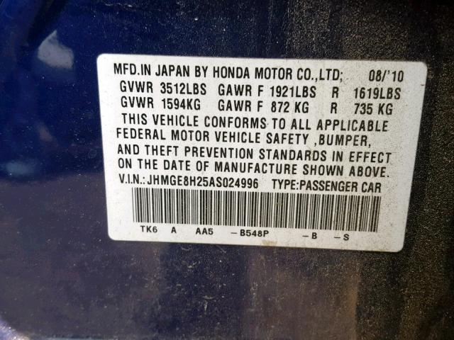 JHMGE8H25AS024996 - 2010 HONDA FIT BLUE photo 10