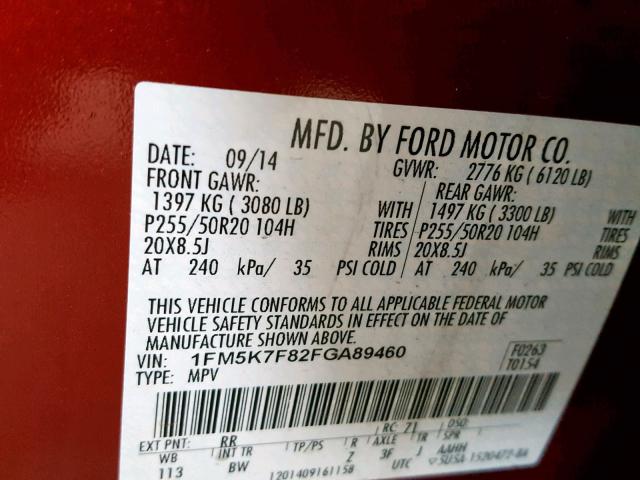 1FM5K7F82FGA89460 - 2015 FORD EXPLORER L BURGUNDY photo 10