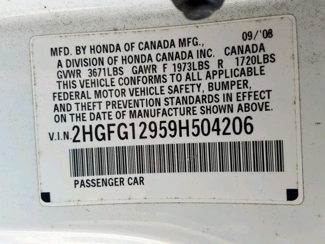 2HGFG12959H504206 - 2009 HONDA CIVIC EXL WHITE photo 10