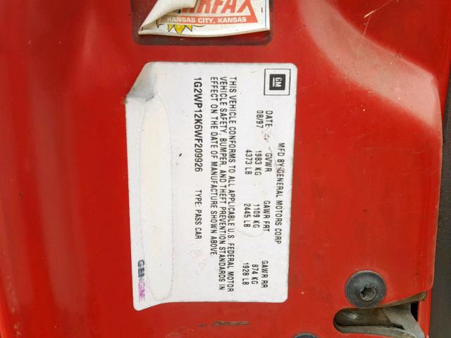 1G2WP12K6WF209926 - 1998 PONTIAC GRAND PRIX RED photo 10
