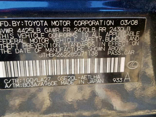 JTHBK262285071138 - 2008 LEXUS IS 250 BLACK photo 10