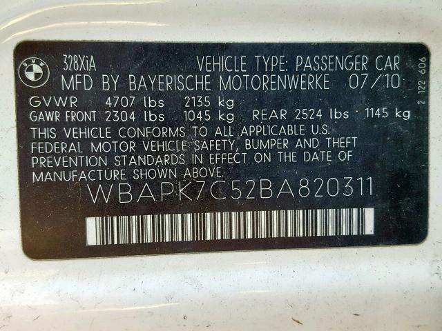 WBAPK7C52BA820311 - 2011 BMW 328 XI WHITE photo 10