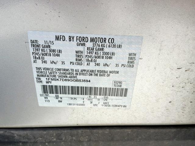 1FM5K7D89GGB53594 - 2016 FORD EXPLORER X SILVER photo 10