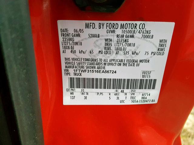 1FTWF31516EA56724 - 2006 FORD F350 SRW S RED photo 10