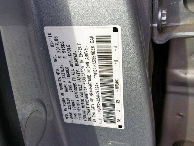 1HGCP2F42AA094247 - 2010 HONDA ACCORD LXP SILVER photo 10