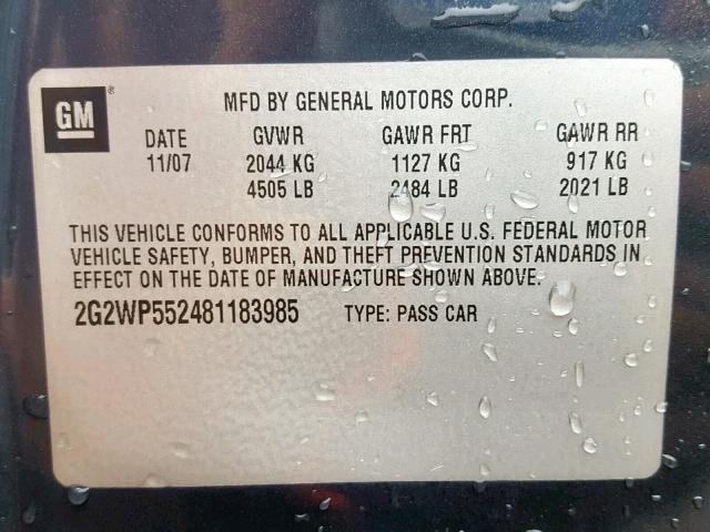 2G2WP552481183985 - 2008 PONTIAC GRAND PRIX BLUE photo 10