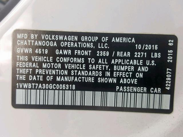 1VWBT7A30GC005318 - 2016 VOLKSWAGEN PASSAT SE WHITE photo 10