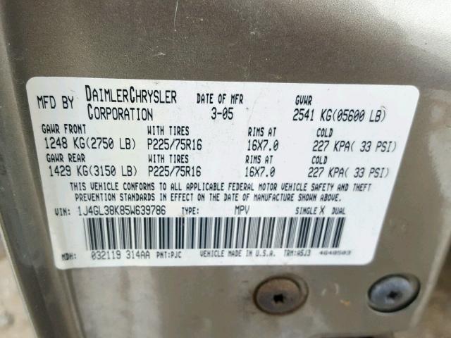 1J4GL38K85W639786 - 2005 JEEP LIBERTY RE TAN photo 10