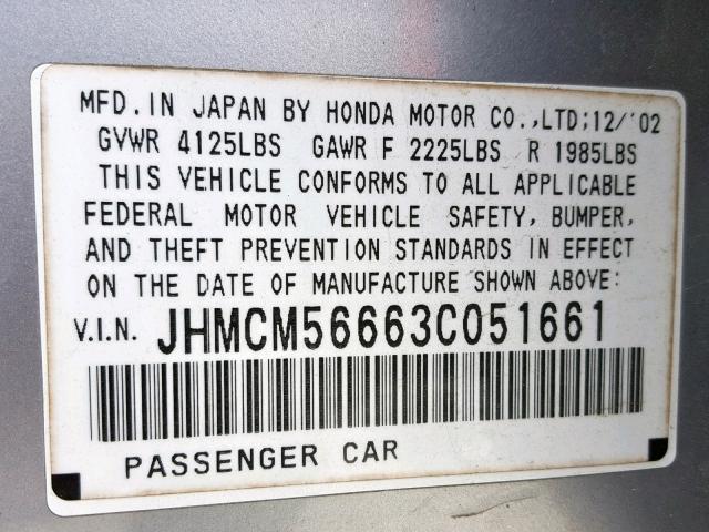 JHMCM56663C051661 - 2003 HONDA ACCORD EX SILVER photo 10