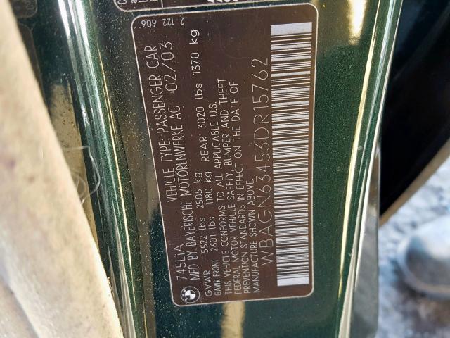 WBAGN63453DR15762 - 2003 BMW 745 LI GREEN photo 10