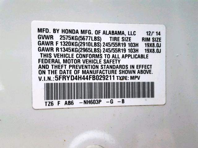 5FRYD4H44FB029211 - 2015 ACURA MDX TECHNO 白色 照片 10
