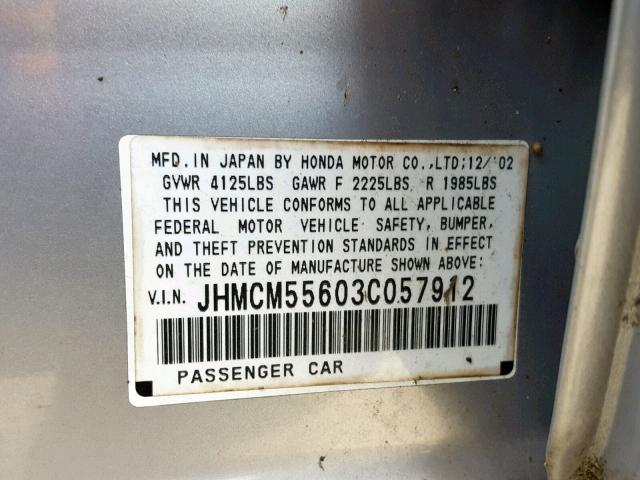 JHMCM55603C057912 - 2003 HONDA ACCORD EX GRAY photo 10