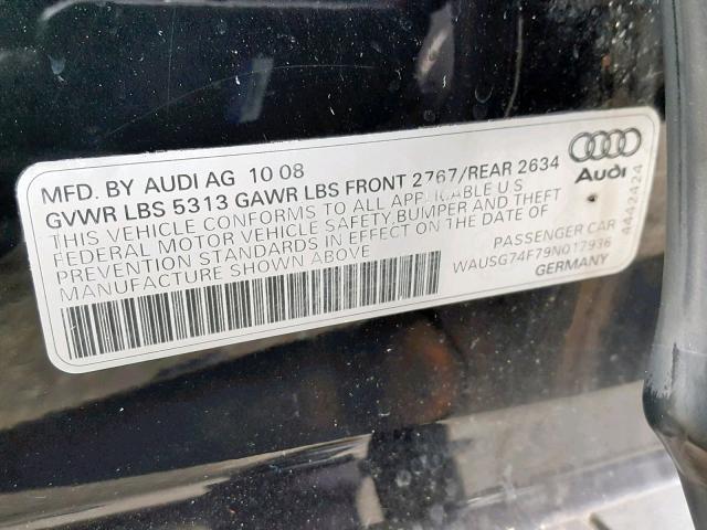 WAUSG74F79N017936 - 2009 AUDI A6 BLACK photo 10