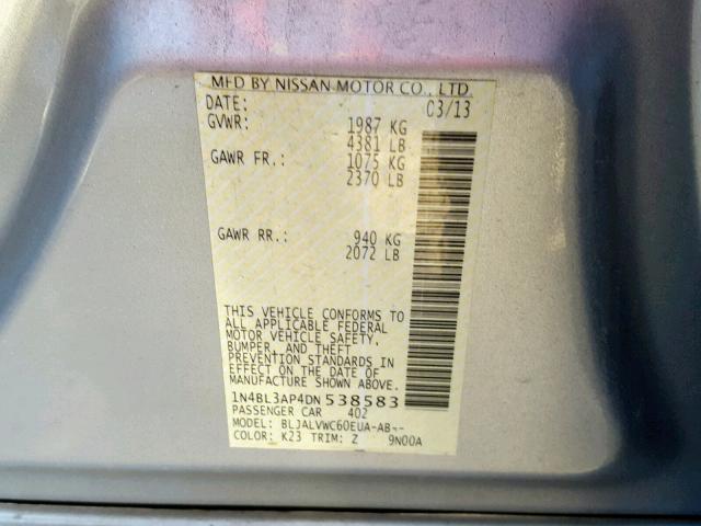 1N4BL3AP4DN538583 - 2013 NISSAN ALTIMA 3.5 SILVER photo 10