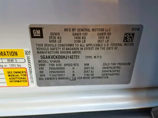 5GAKVCKD8HJ142731 - 2017 BUICK ENCLAVE WHITE photo 10