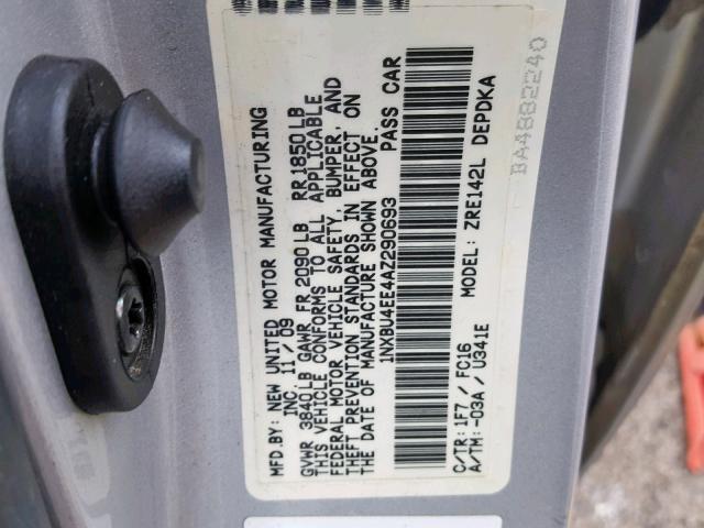 1NXBU4EE4AZ290693 - 2010 TOYOTA COROLLA BA SILVER photo 10