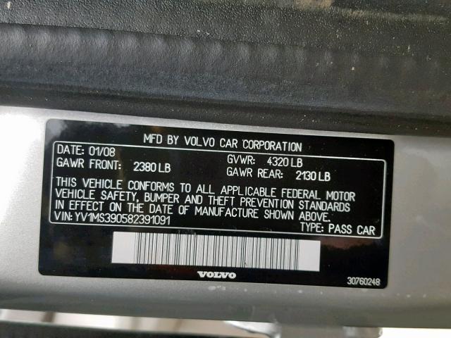 YV1MS390582391091 - 2008 VOLVO S40 2.4I SILVER photo 10