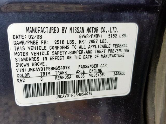 JNKAY01F98M654076 - 2008 INFINITI M35 BASE BLUE photo 10