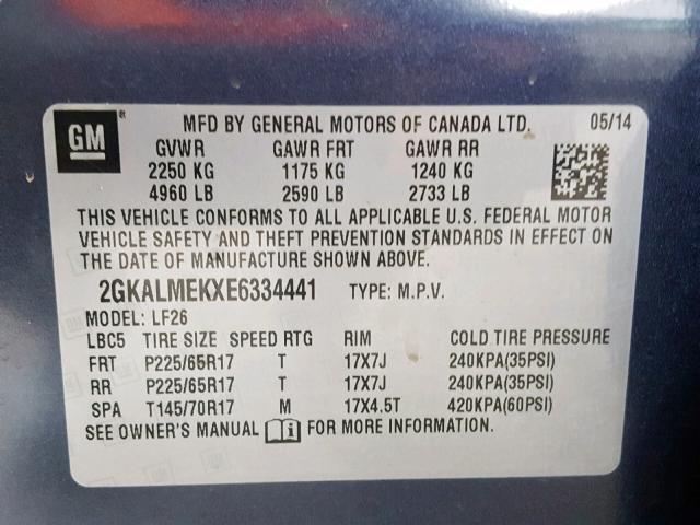 2GKALMEKXE6334441 - 2014 GMC TERRAIN SL 蓝色 照片 10