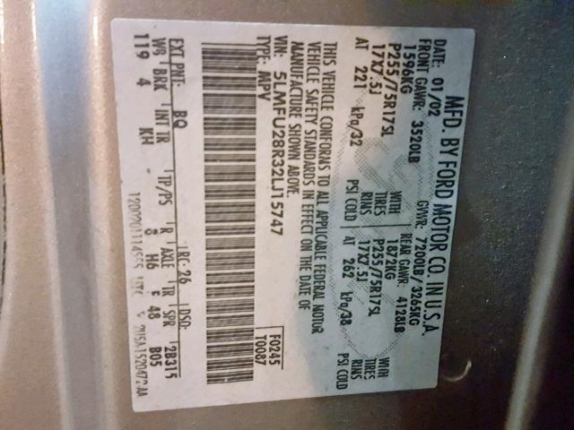 5LMFU28R32LJ15747 - 2002 LINCOLN NAVIGATOR 银色 照片 10