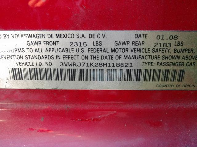 3VWRJ71K28M118621 - 2008 VOLKSWAGEN JETTA WOLF RED photo 10