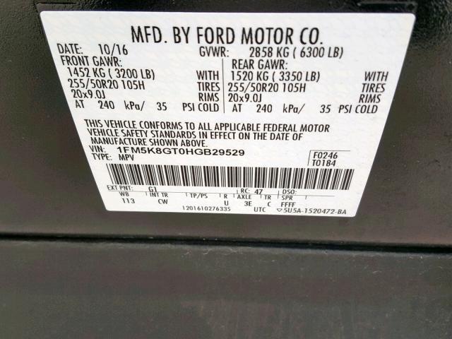 1FM5K8GT0HGB29529 - 2017 FORD EXPLORER S BLACK photo 10