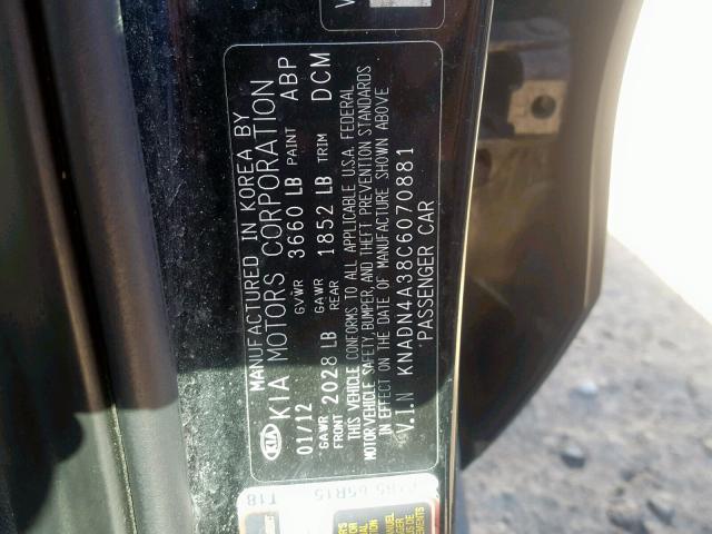 KNADN4A38C6070881 - 2012 KIA RIO EX BLACK photo 10