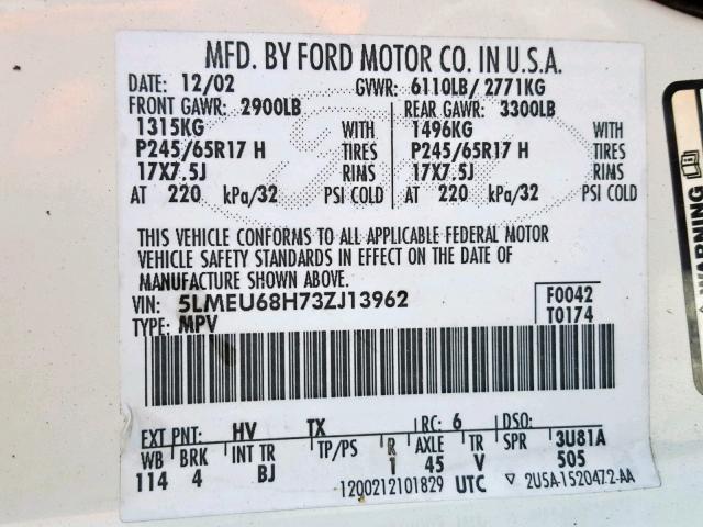 5LMEU68H73ZJ13962 - 2003 LINCOLN AVIATOR 白色 照片 10