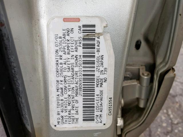 JT8BD69S310150334 - 2001 LEXUS GS 300 SILVER photo 10