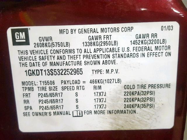 1GKDT13S532252965 - 2003 GMC ENVOY MAROON photo 10