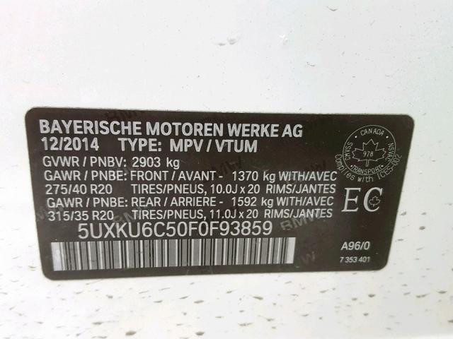 5UXKU6C50F0F93859 - 2015 BMW X6 XDRIVE5 WHITE photo 10