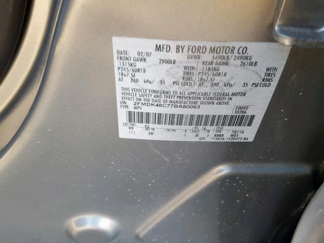 2FMDK48C77BA80063 - 2007 FORD EDGE SEL SILVER photo 10