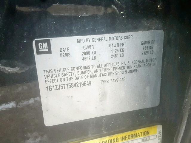 1G1ZJ577584219649 - 2008 CHEVROLET MALIBU 2LT შავი ფოტო 10