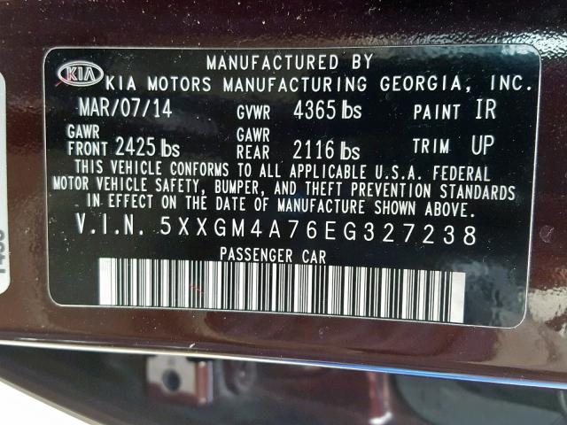 5XXGM4A76EG327238 - 2014 KIA OPTIMA LX BURGUNDY photo 10