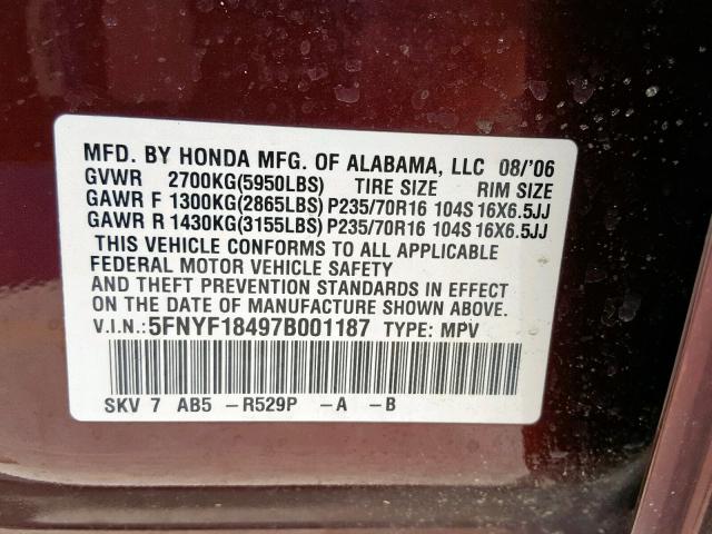 5FNYF18497B001187 - 2007 HONDA PILOT EX BURGUNDY photo 10