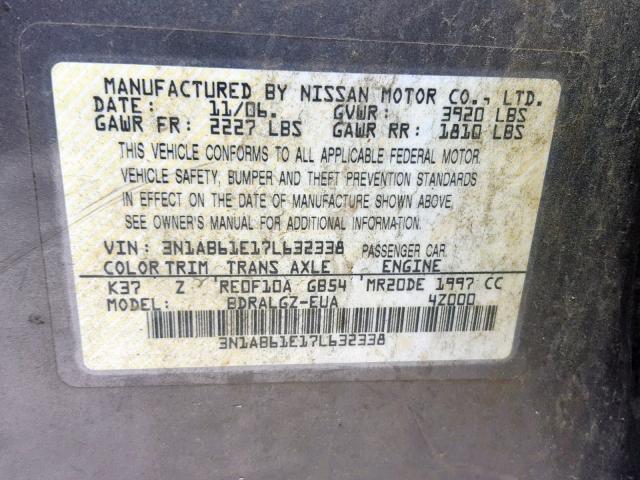 3N1AB61E17L632338 - 2007 NISSAN SENTRA 2.0 GRAY photo 10