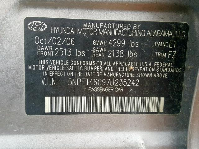 5NPET46C97H235242 - 2007 HYUNDAI SONATA GLS SILVER photo 10