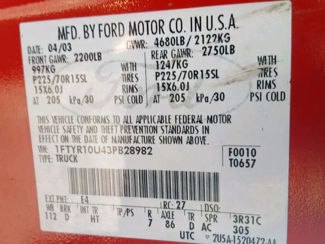 1FTYR10U43PB28982 - 2003 FORD RANGER RED photo 10