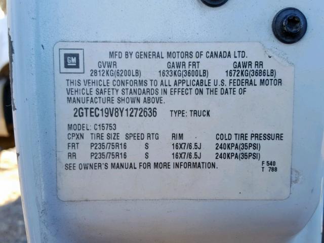 2GTEC19V8Y1272636 - 2000 GMC NEW SIERRA WHITE photo 10