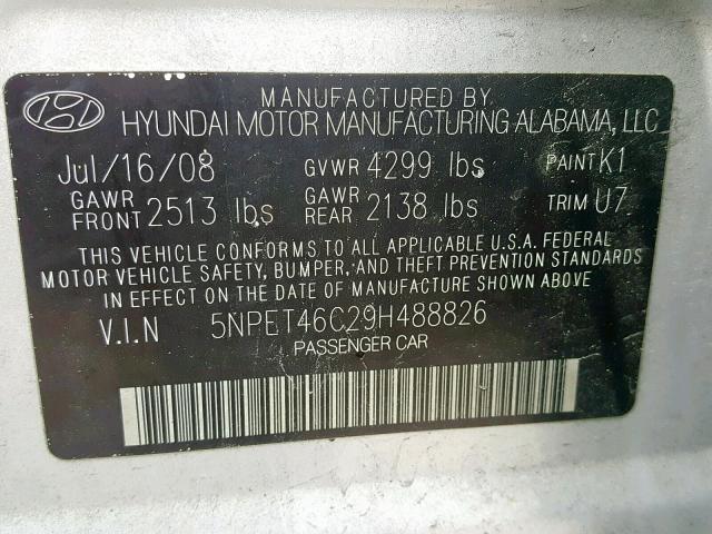 5NPET46C29H488826 - 2009 HYUNDAI SONATA GLS SILVER photo 10