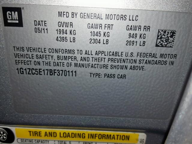 1G1ZC5E17BF370111 - 2011 CHEVROLET MALIBU 1LT SILVER photo 10