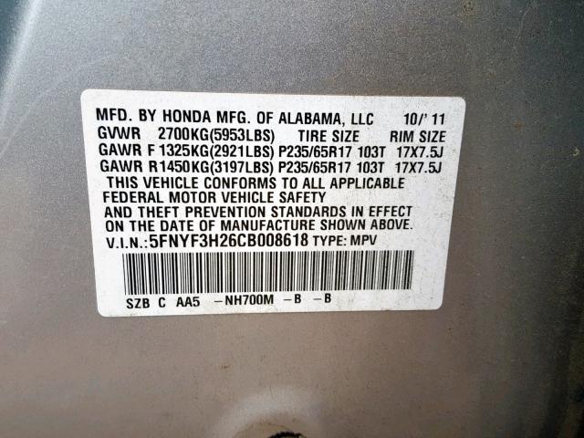 5FNYF3H26CB008618 - 2012 HONDA PILOT LX SILVER photo 10