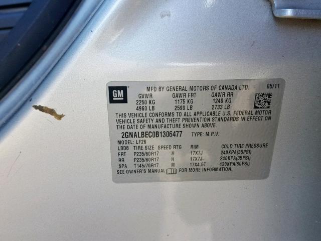 2GNALBEC0B1306477 - 2011 CHEVROLET EQUINOX LS SILVER photo 10