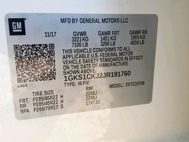 1GKS1CKJ2JR191760 - 2018 GMC YUKON DENA WHITE photo 10