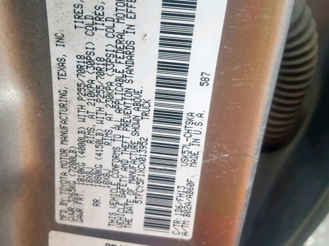 5TFCY5F1XCX013952 - 2012 TOYOTA TUNDRA DOU 银色 照片 10