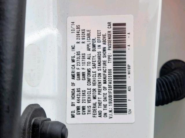 19UUB1F59FA005996 - 2015 ACURA TLX TECH WHITE photo 10