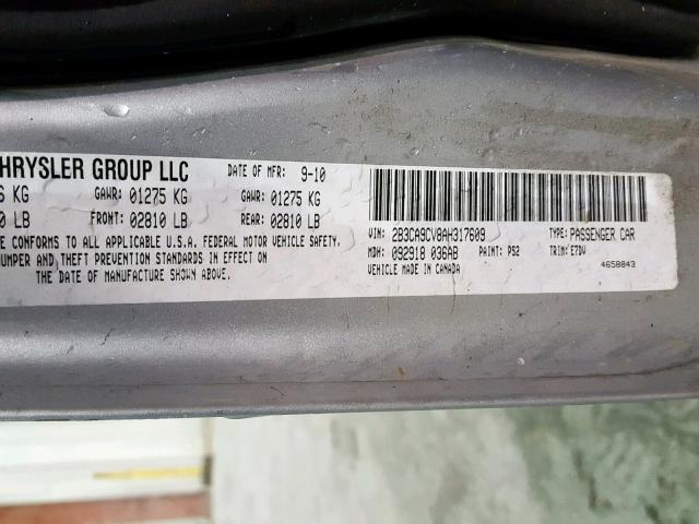 2B3CA9CV8AH317609 - 2010 DODGE CHARGER RA SILVER photo 10