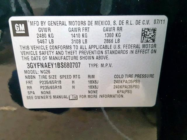 3GYFNAEY1BS680707 - 2011 CADILLAC SRX LUXURY BLACK photo 10